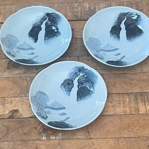 Vintage Japanese Porcelain Plates 6" Set Of 3 Hand-painted Landscape Scene